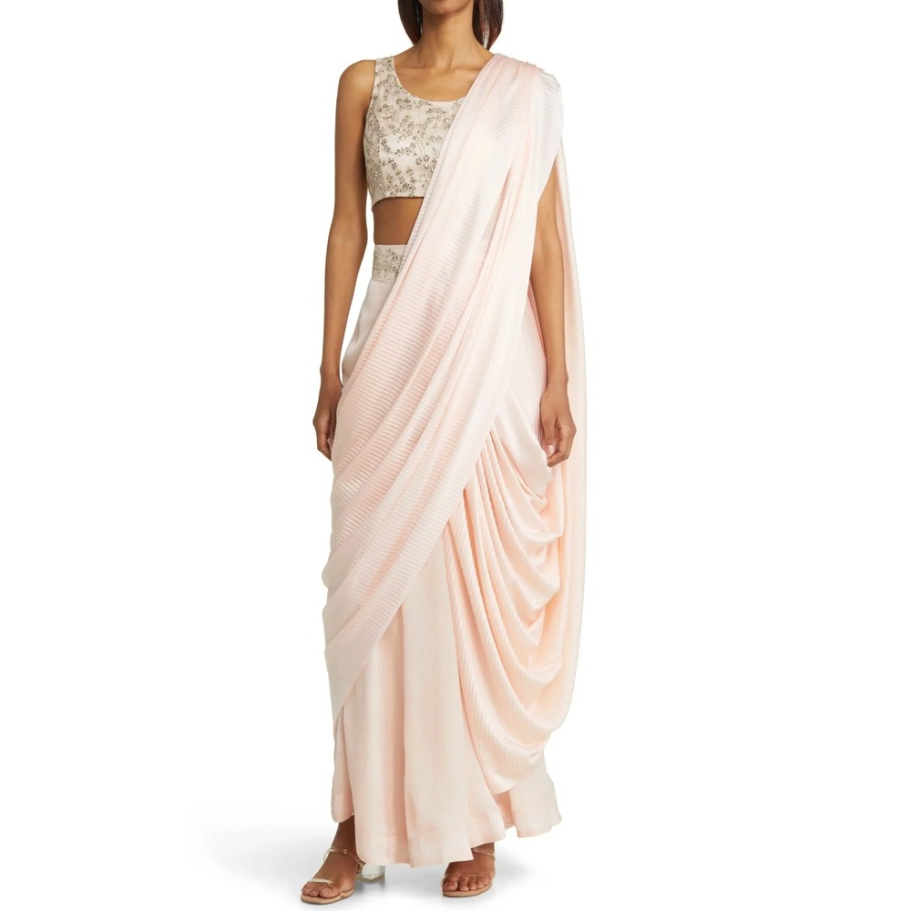 Sani Rani Beaded Palazzo Set Small‎ Blush Pink One Shoulder Embellished